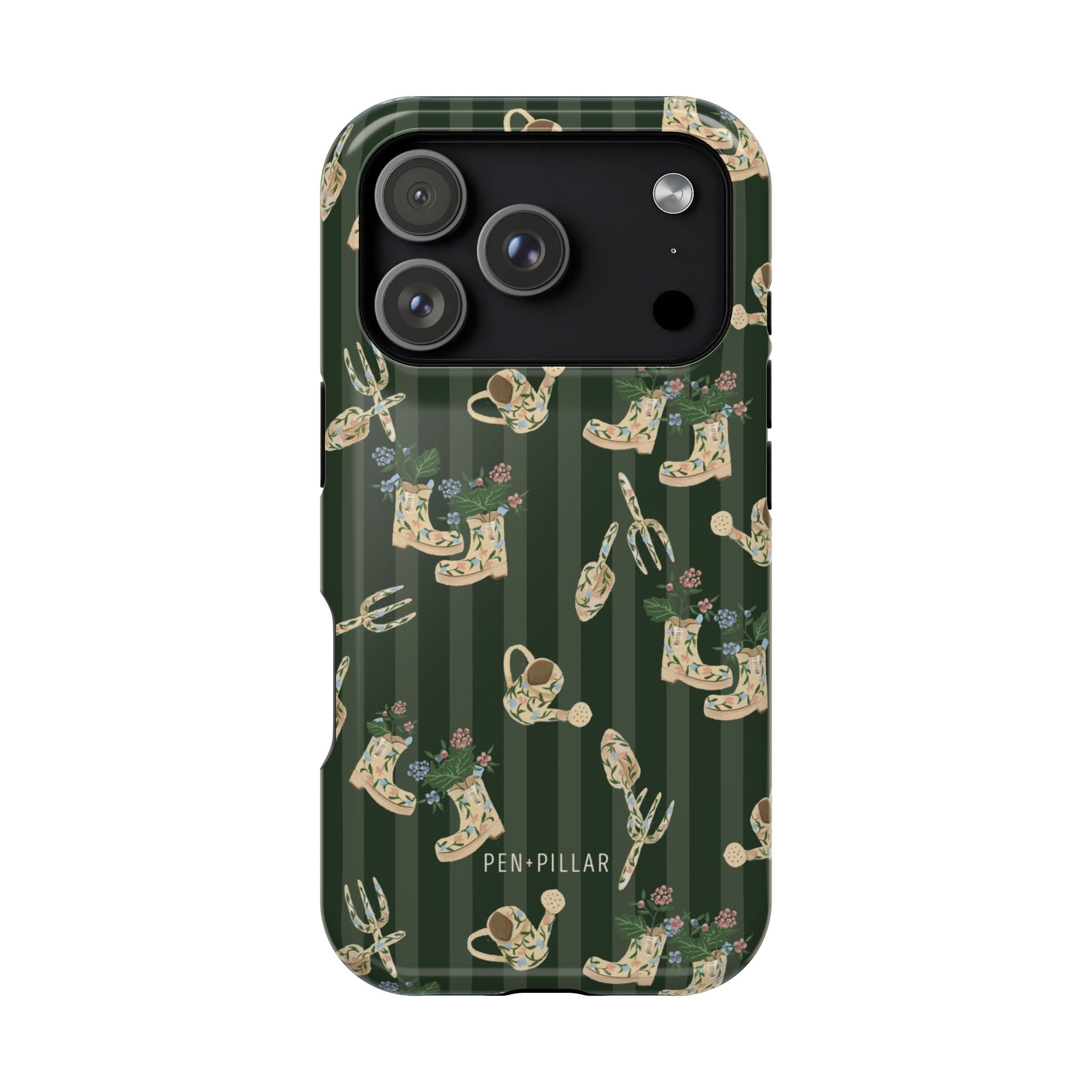 In the Garden iPhone case featuring gardening tools and plants on a dark green background.