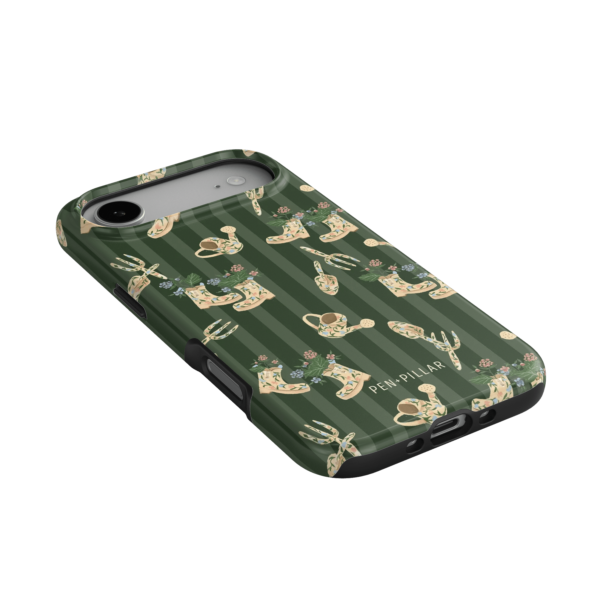 In the Garden iPhone case featuring a green background with floral and gardening tool patterns.