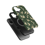 In the Garden iPhone case featuring a green background with floral and gardening tool designs, shown at an angle.