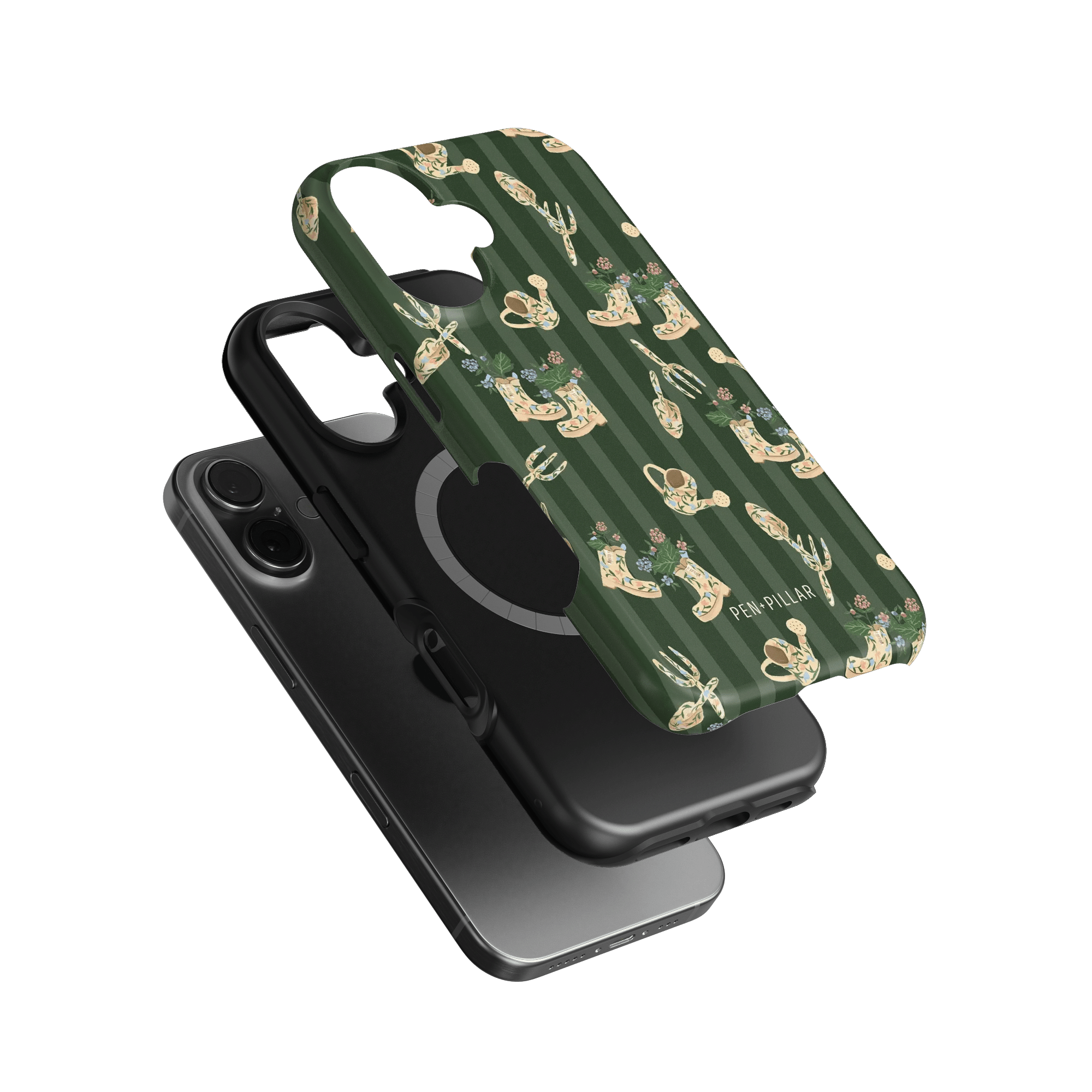 In the Garden iPhone case featuring a green background with floral and gardening tool designs, shown at an angle.