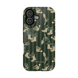 In the Garden iPhone case featuring a green striped background with gardening tools and floral designs.