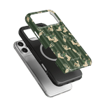 In the Garden iPhone case featuring a green background with floral and gardening tool designs, shown from multiple angles.