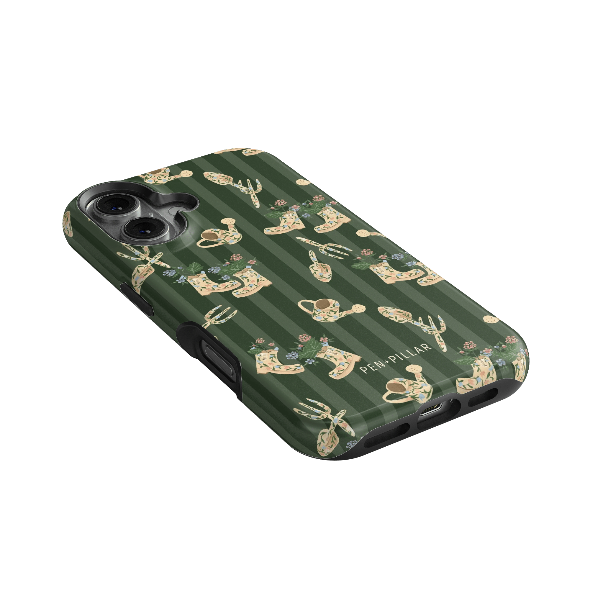 In the Garden iPhone case featuring a green background with floral and gardening tool patterns.