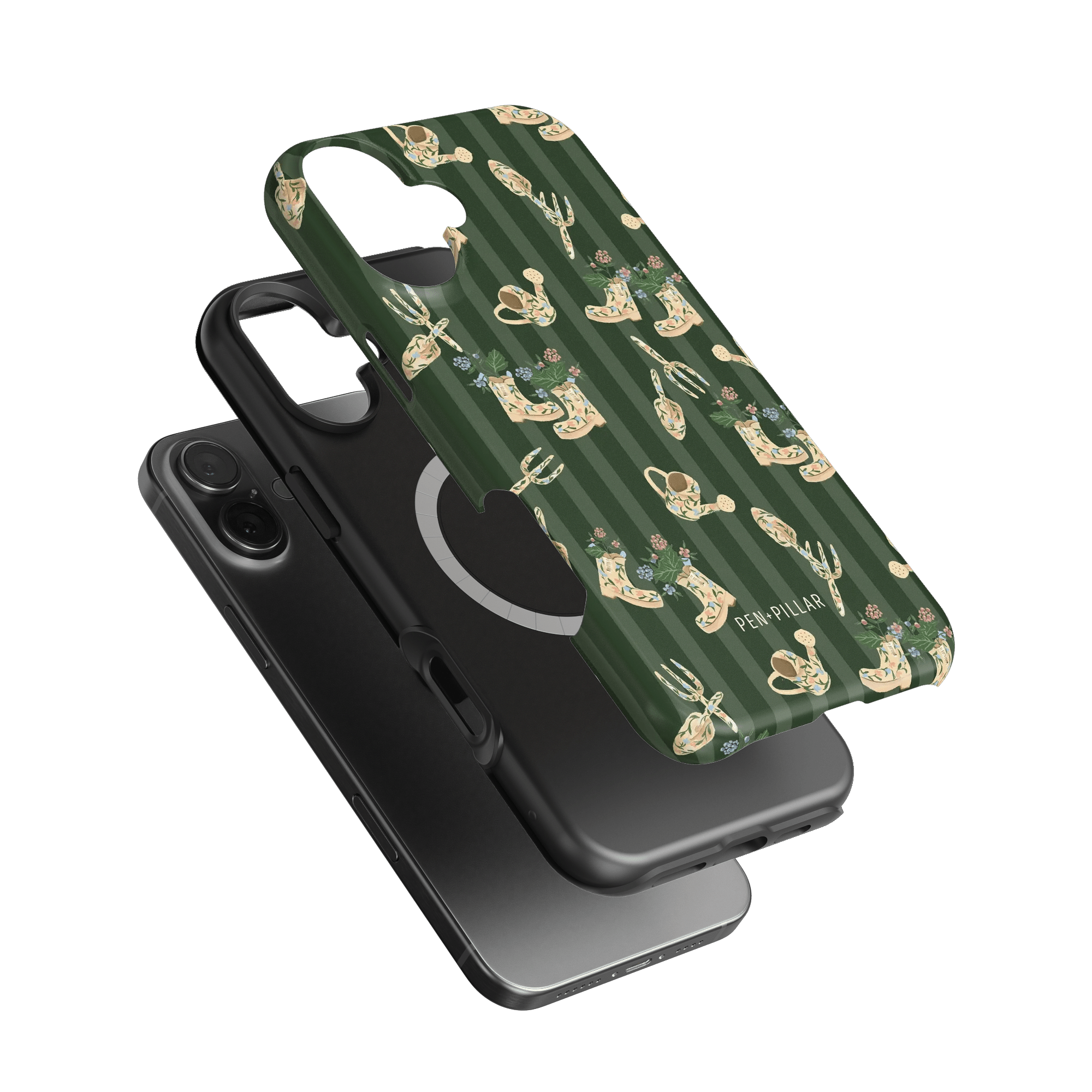 In the Garden iPhone case featuring a green background with floral and gardening tool patterns.