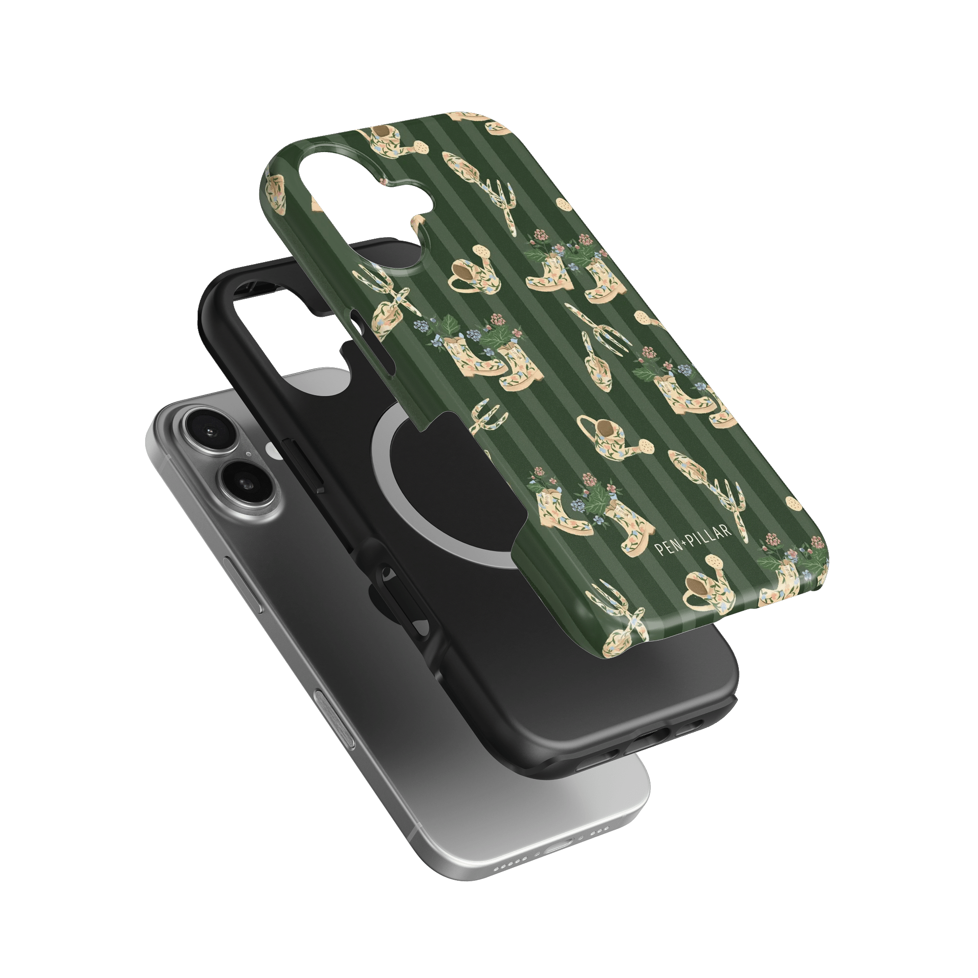 In the Garden iPhone case featuring a green background with floral and plant designs, stacked on black and silver phone ca...