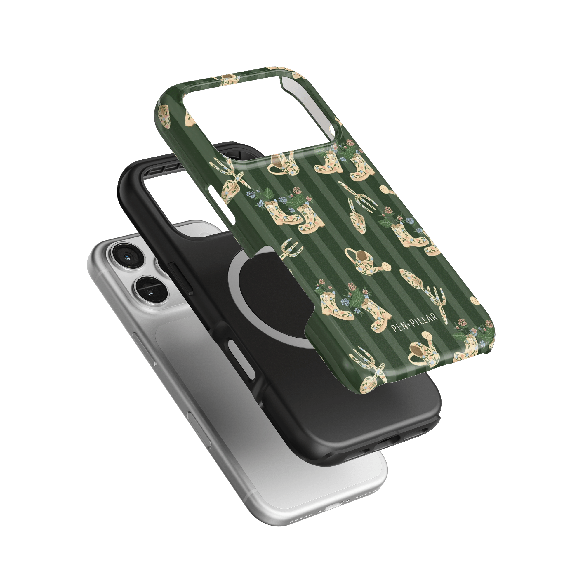 In the Garden iPhone case featuring a floral design with green background and multiple phone case layers.