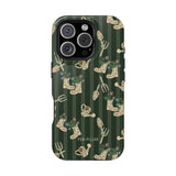 In the Garden iPhone case featuring a green striped background with gardening tools and floral designs.