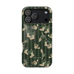 In the Garden iPhone case featuring a green background with gardening tools and floral patterns.