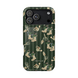 In the Garden iPhone case featuring a green background with gardening tools and floral patterns.
