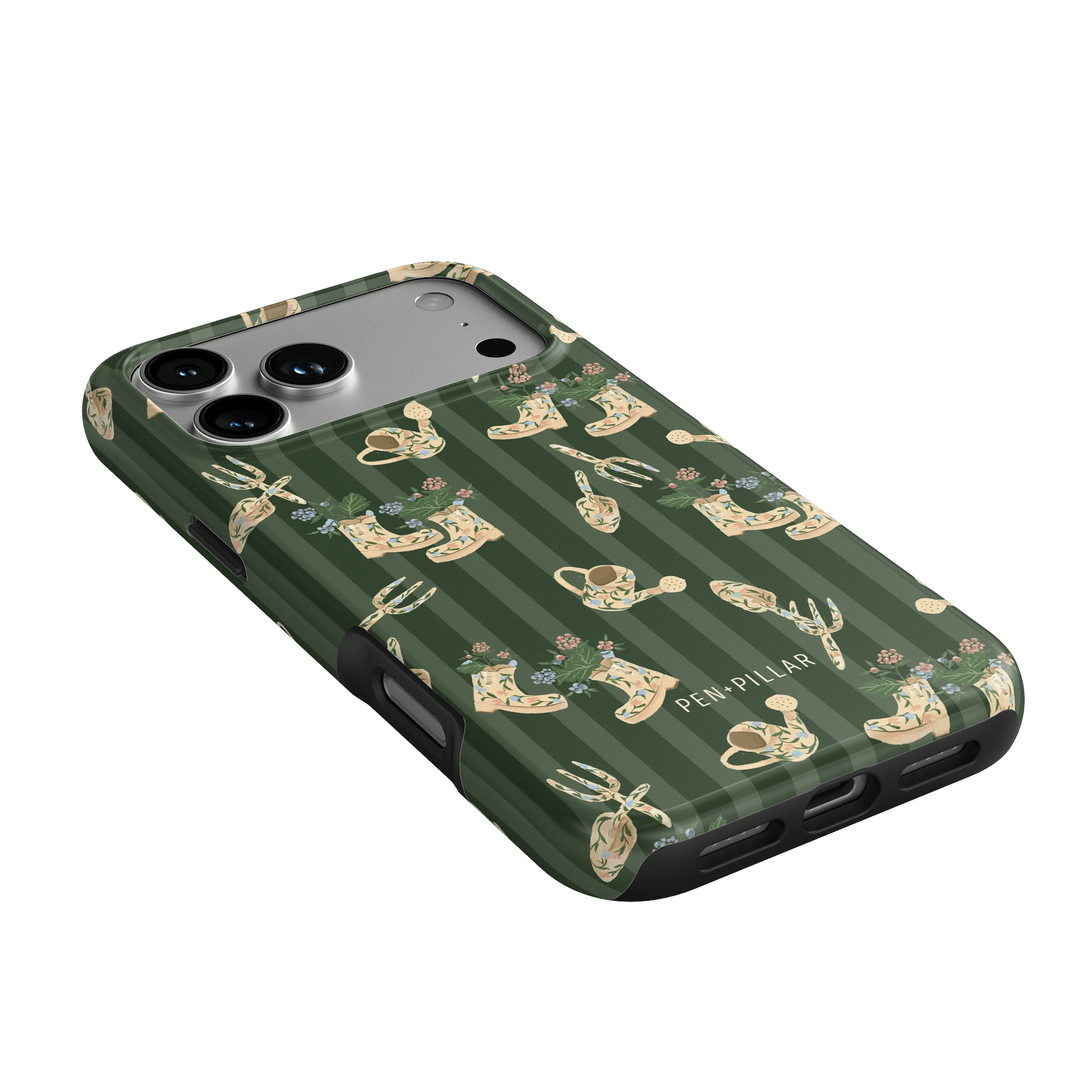 In the Garden iPhone case featuring a green background with floral and gardening-themed illustrations.