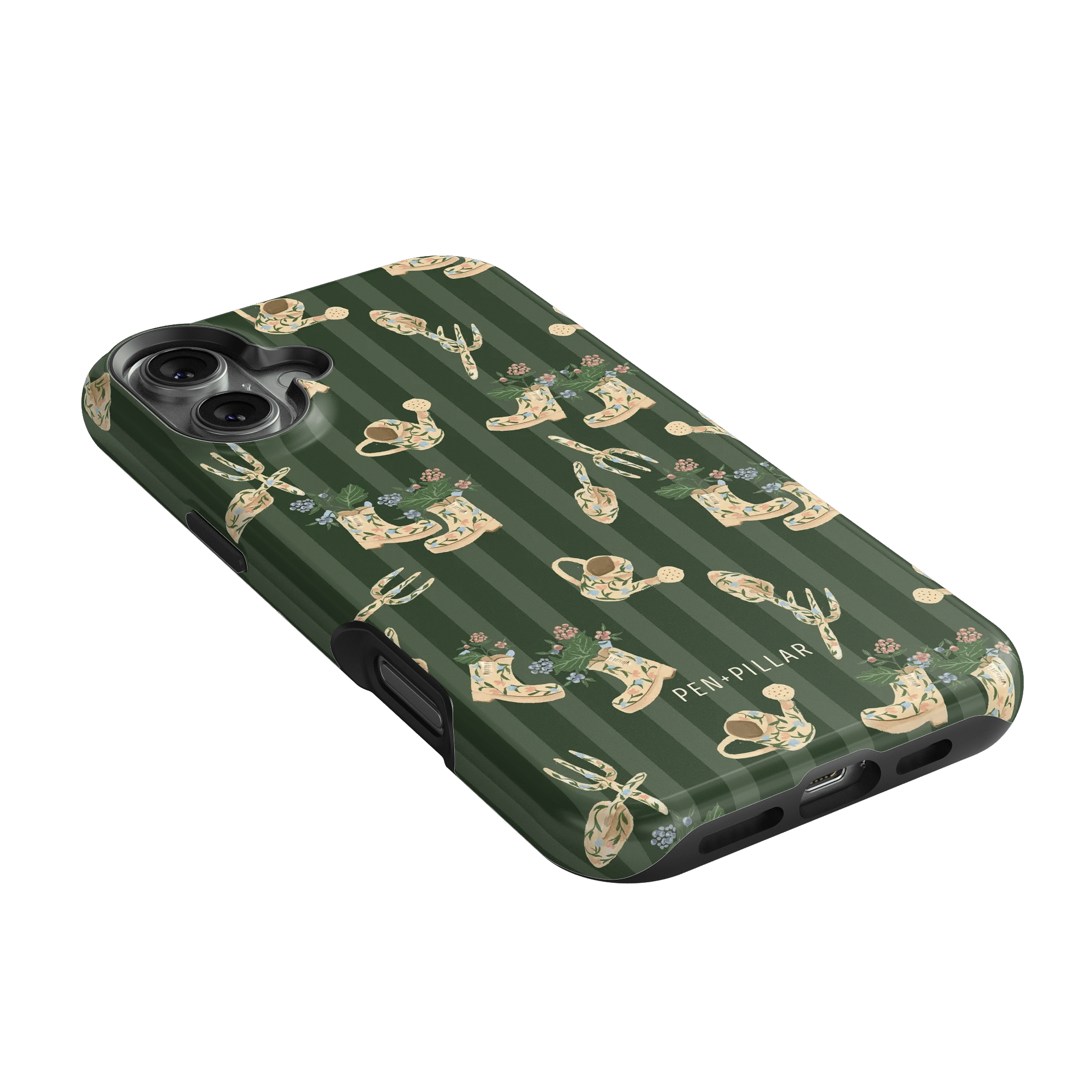 In the Garden iPhone case featuring a green background with floral and gardening tool illustrations.