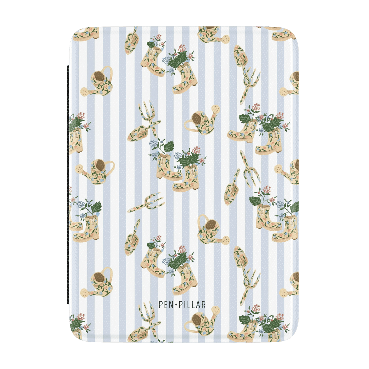 Blue and white striped Kindle case with a pattern of floral boots and watering cans. PEN+PILLAR is printed at the bottom.