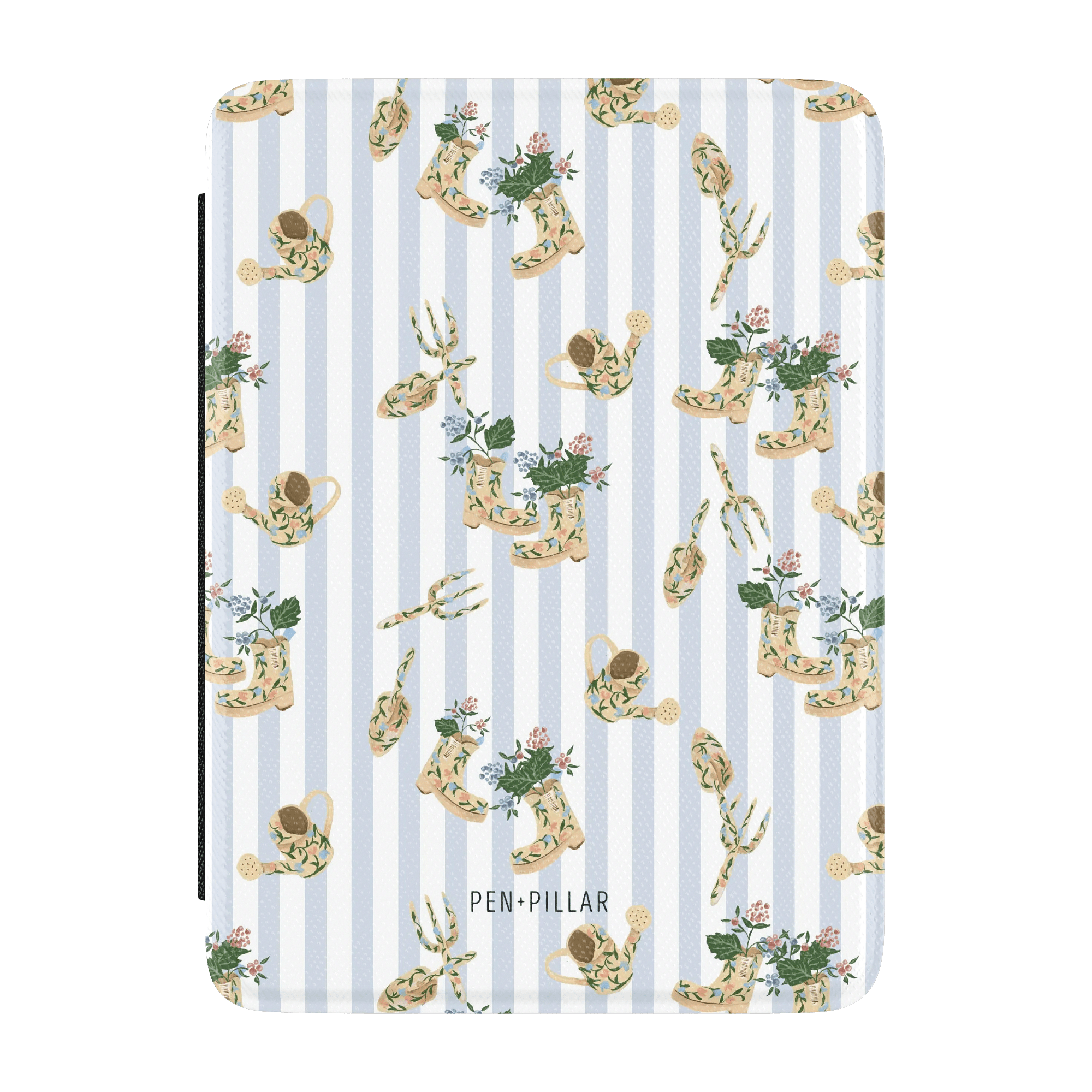 Blue and white striped Kindle case with a pattern of floral boots and watering cans. PEN+PILLAR is printed at the bottom.