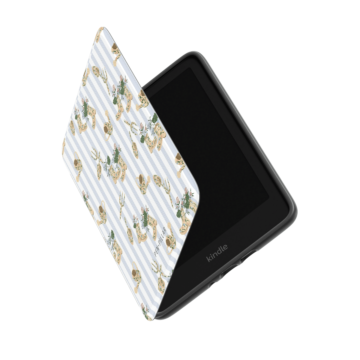 Black Kindle in a white and blue striped case featuring garden tools and floral patterns. The brand PEN+PILLAR is visible.