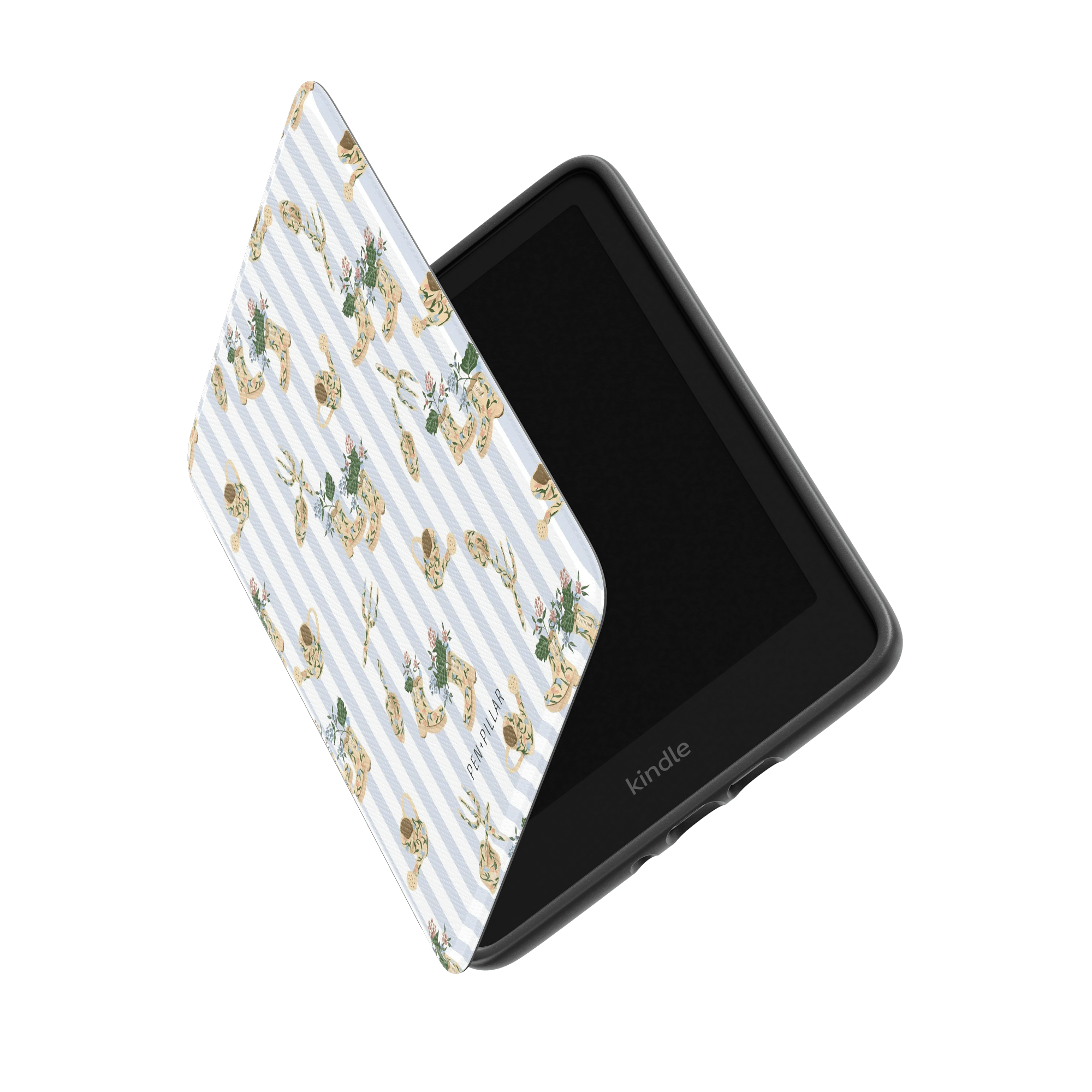 Black Kindle in a white and blue striped case featuring garden tools and floral patterns. The brand PEN+PILLAR is visible.