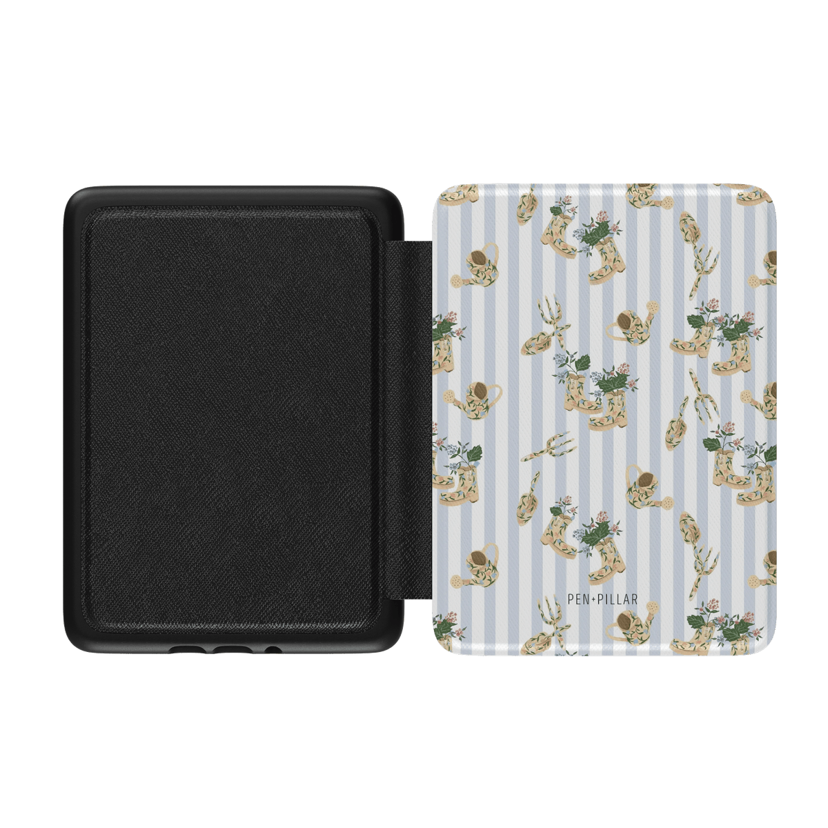 Open Kindle case with black textured interior and a blue striped exterior featuring garden boots and tools by PEN + PILLAR.