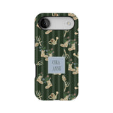 Personalized iPhone case featuring a garden theme with tools, flowers, and a customizable name label.