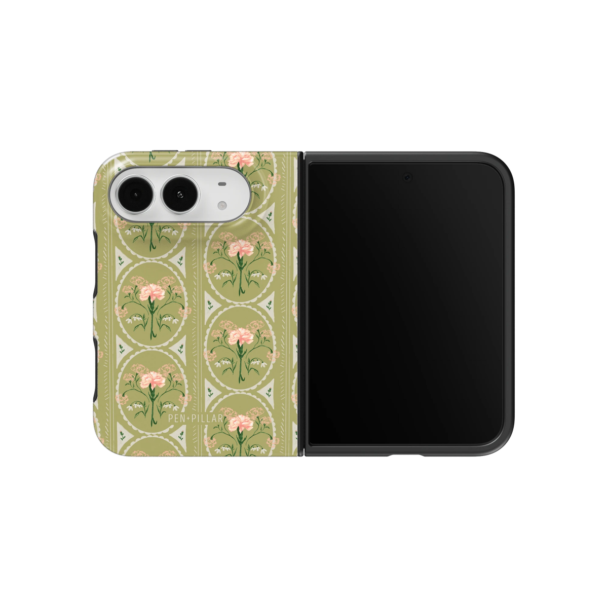 January Birth Month iPhone 18 Duo case on an unfolded iPhone 18 Duo, back and screen side by side: pink carnations in round frames on olive green