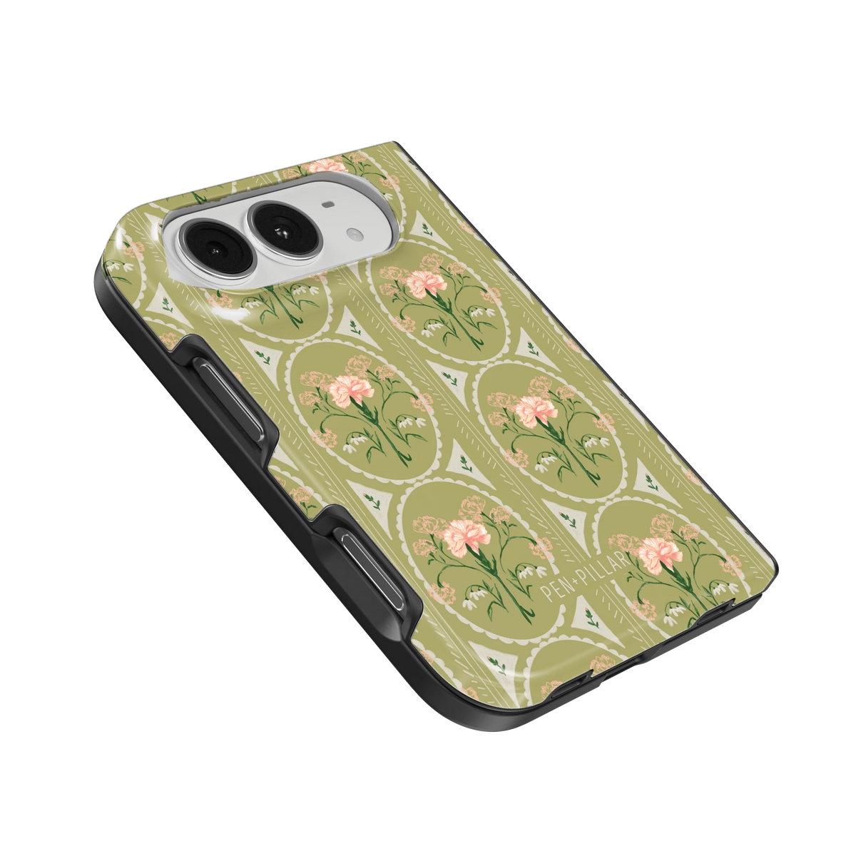 January Birth Month iPhone 18 Duo case, angled view showing the camera surround and side buttons