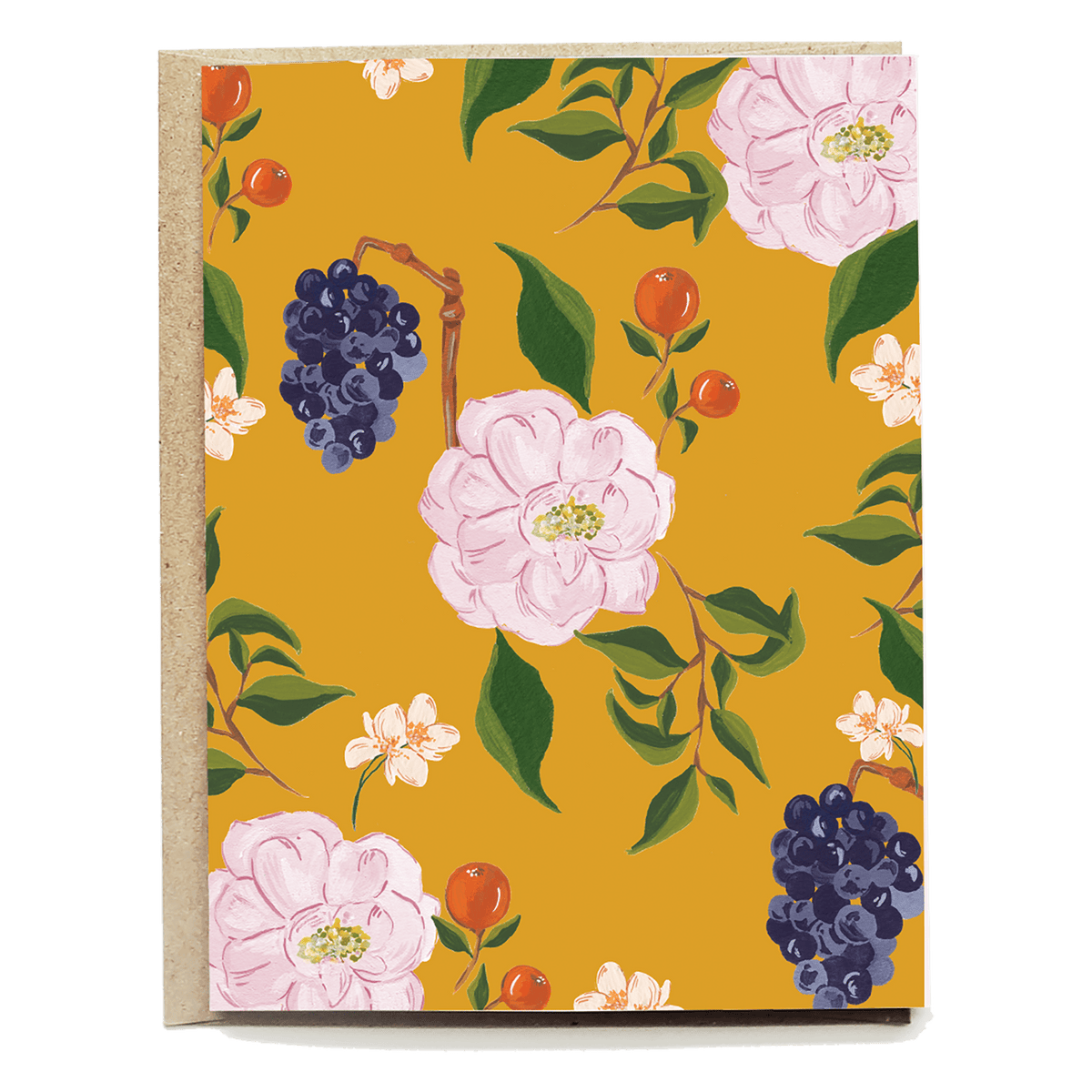 Jeanine blank card featuring a floral design with pink flowers and grapes on a mustard yellow background.