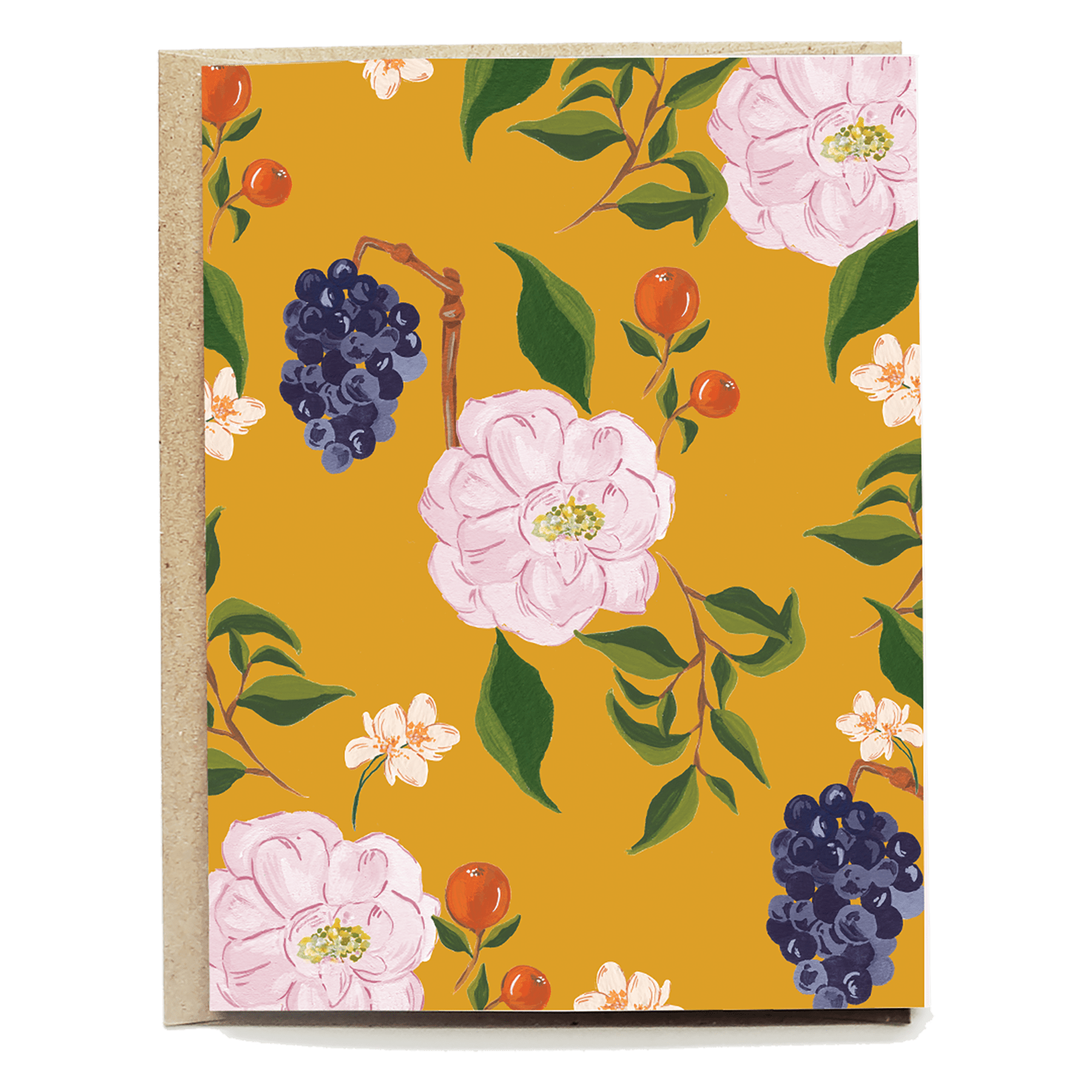 Jeanine blank card featuring a floral design with pink flowers and grapes on a mustard yellow background.