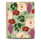 Josephine blank card featuring floral designs with roses, grapes, and leaves on a green background.