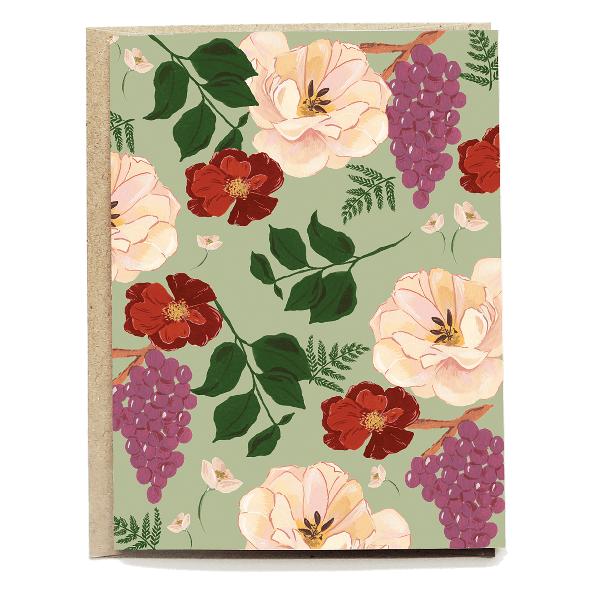 Josephine blank card featuring floral designs with roses, grapes, and leaves on a green background.
