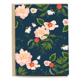 Joyce blank card featuring pink flowers and red berries on a dark blue background with green leaves.