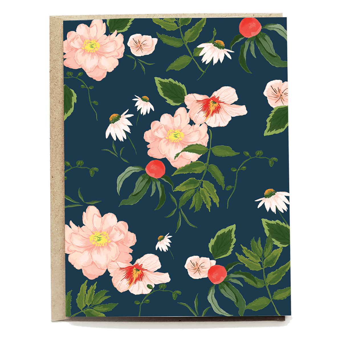 Joyce blank card featuring pink flowers and red berries on a dark blue background with green leaves.