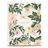 Juliette thank you card featuring floral illustrations in soft colors with gold text saying "Thank You.