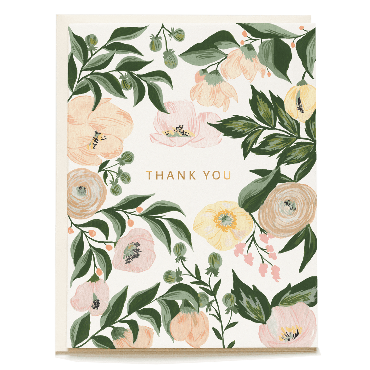 Juliette thank you card featuring floral illustrations in soft colors with gold text saying "Thank You.