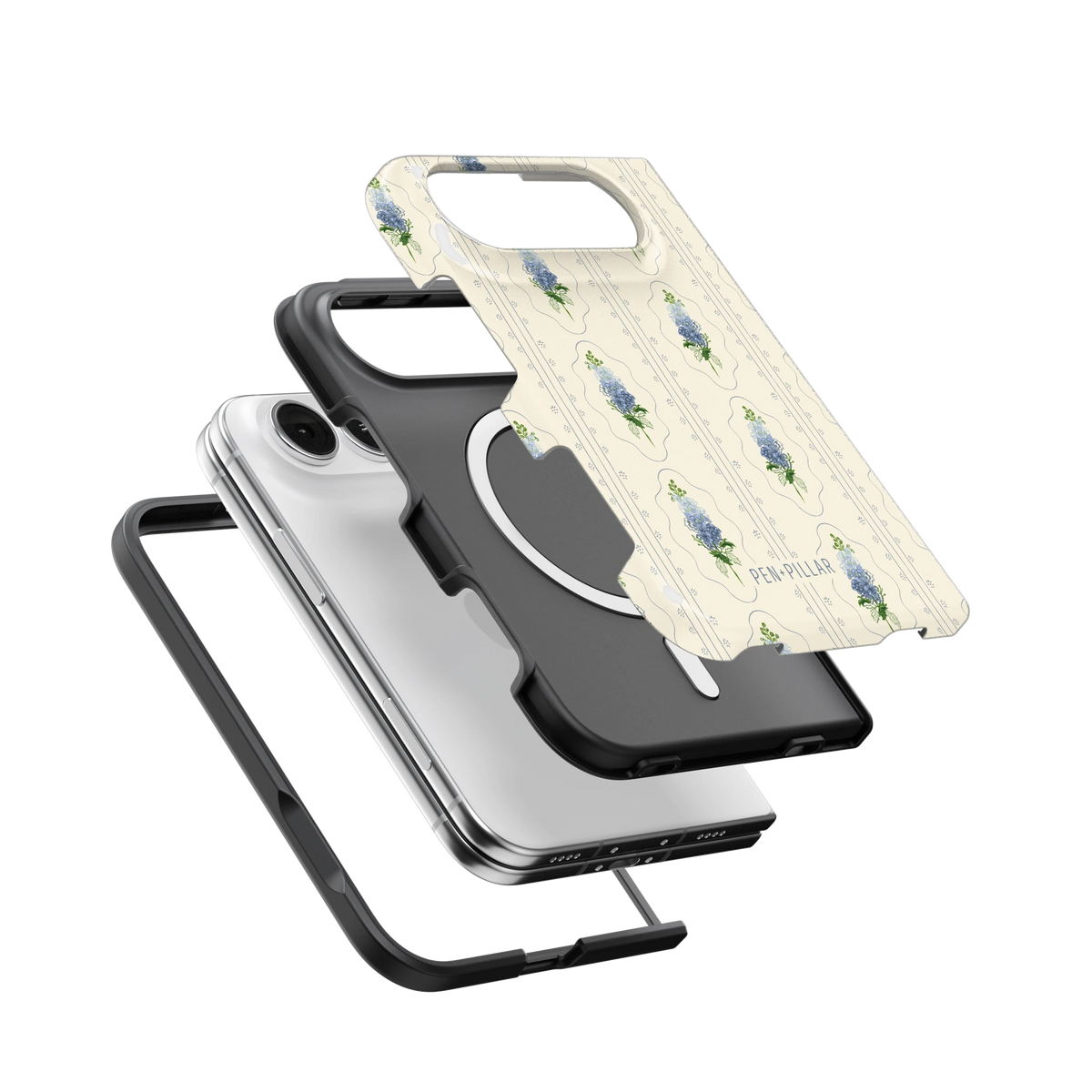 July Birth Month iPhone 18 Duo case, exploded view of the printed shell, black inner layer with MagSafe ring, and phone