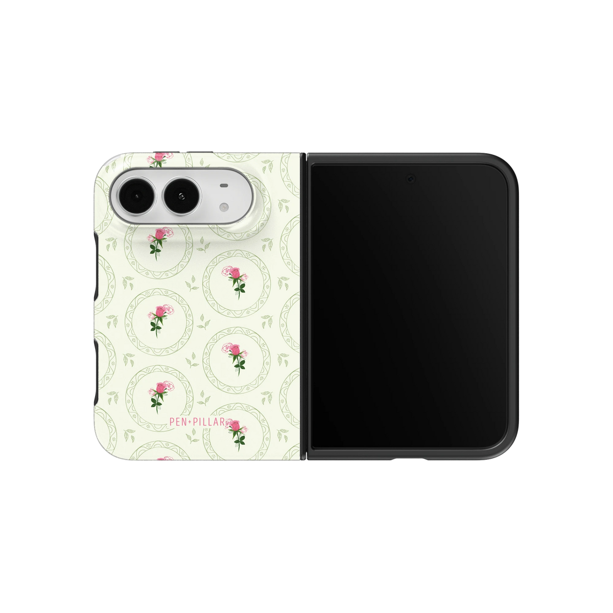 June Birth Month iPhone 18 Duo case on an unfolded iPhone 18 Duo, back and screen side by side: pink rose sprigs in oval frames on pale sage