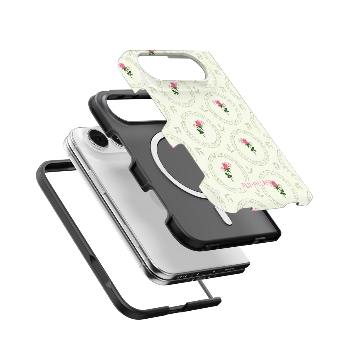June Birth Month iPhone 18 Duo case, exploded view of the printed shell, black inner layer with MagSafe ring, and phone