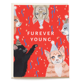 Kitten party birthday card featuring colorful cats in party hats on a red background with confetti and the text "Furever Y...