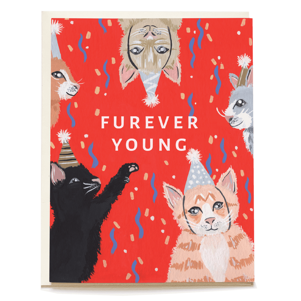 Kitten party birthday card featuring colorful cats in party hats on a red background with confetti and the text "Furever Y...