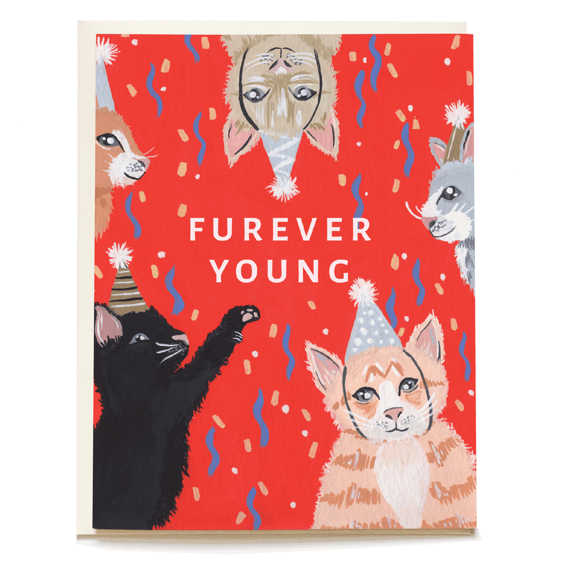 Kitten party birthday card featuring colorful cats in party hats on a red background with confetti and the text "Furever Y...