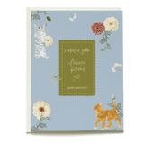 Kittens and floral designs on a blue birthday card with the text "Nature's gift: flowers, kittens, you. Happy birthday!