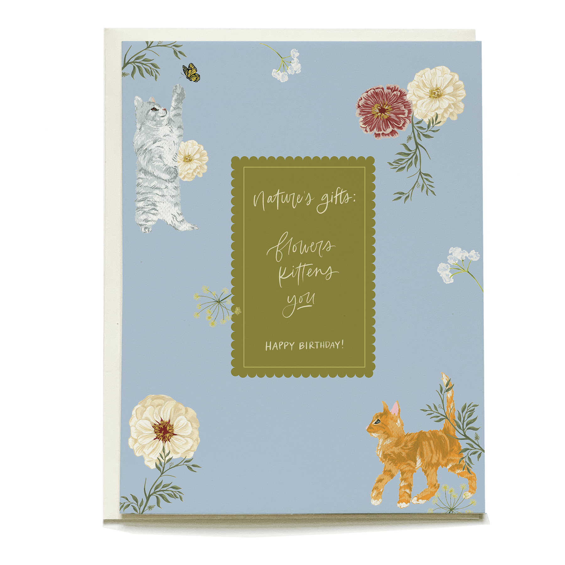 Kittens and floral designs on a blue birthday card with the text "Nature's gift: flowers, kittens, you. Happy birthday!