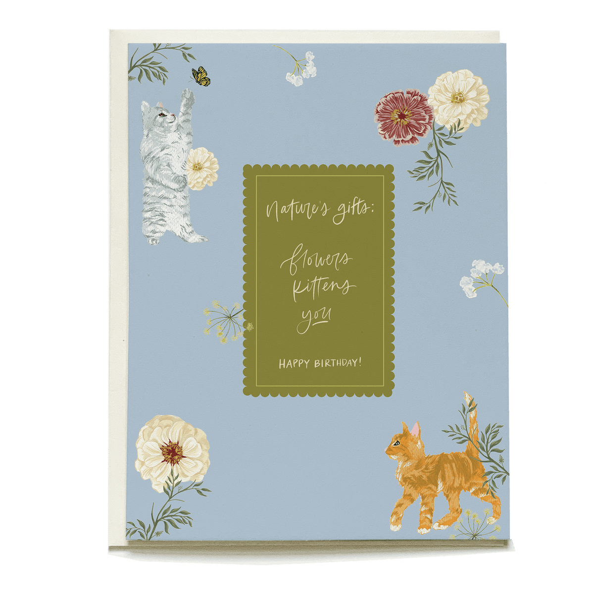 Kittens and floral designs on a blue birthday card with the text "Nature's gift: flowers, kittens, you. Happy birthday!