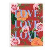 Ladybird wedding card featuring vibrant flowers and the word "LOVE" in blue on a red background.