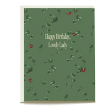 Ladybugs birthday card featuring a green background with ladybug illustrations and the text "Happy Birthday, Lovely Lady.