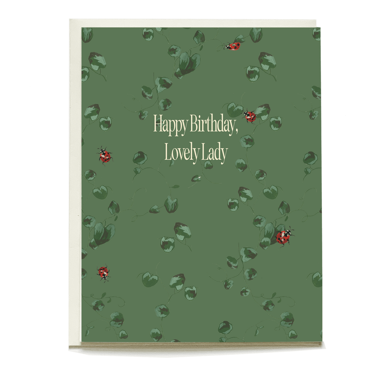 Ladybugs birthday card featuring a green background with ladybug illustrations and the text "Happy Birthday, Lovely Lady.