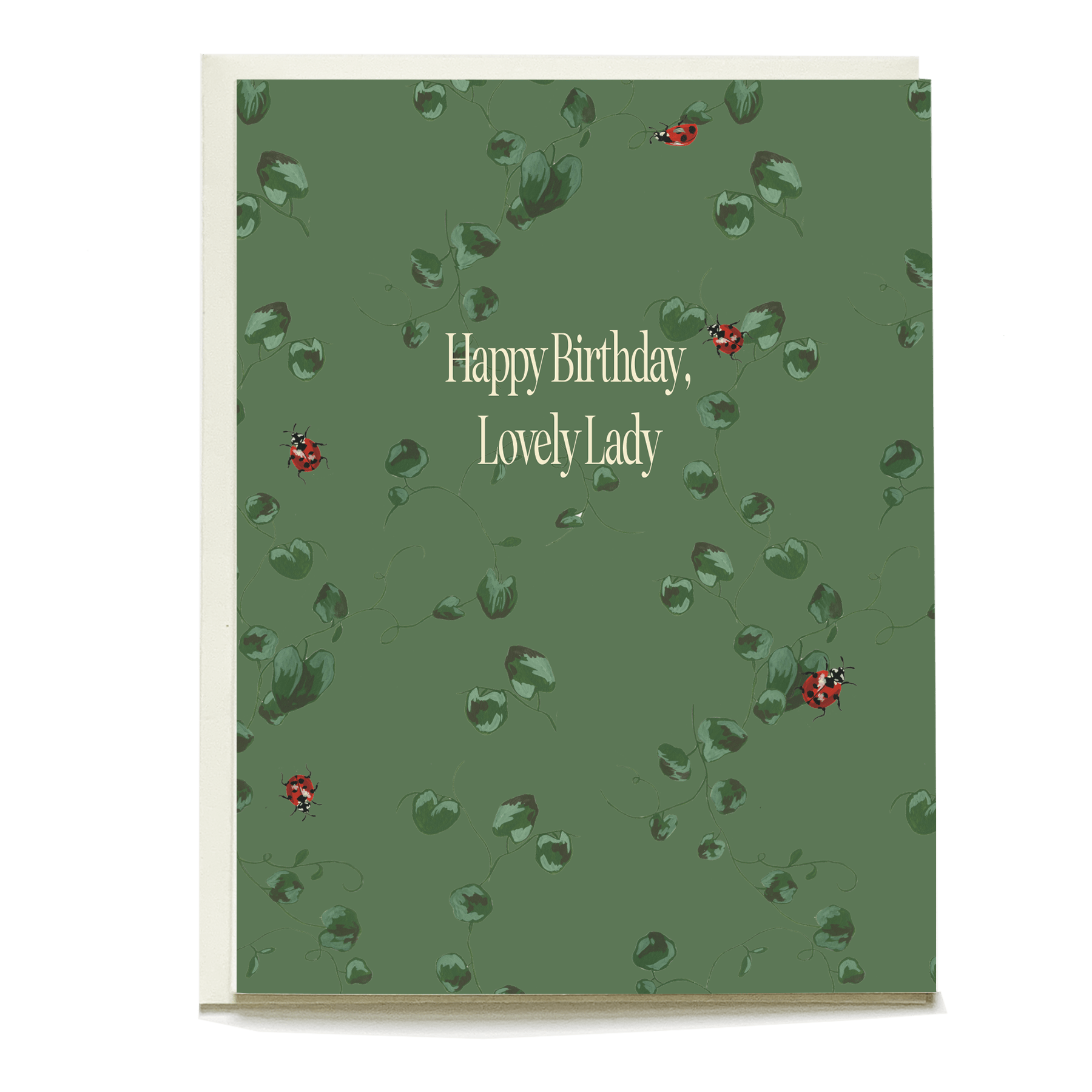 Ladybugs birthday card featuring a green background with ladybug illustrations and the text "Happy Birthday, Lovely Lady.