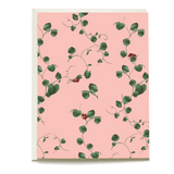 Ladybugs blank card featuring a pink background with green leaves and ladybug illustrations.