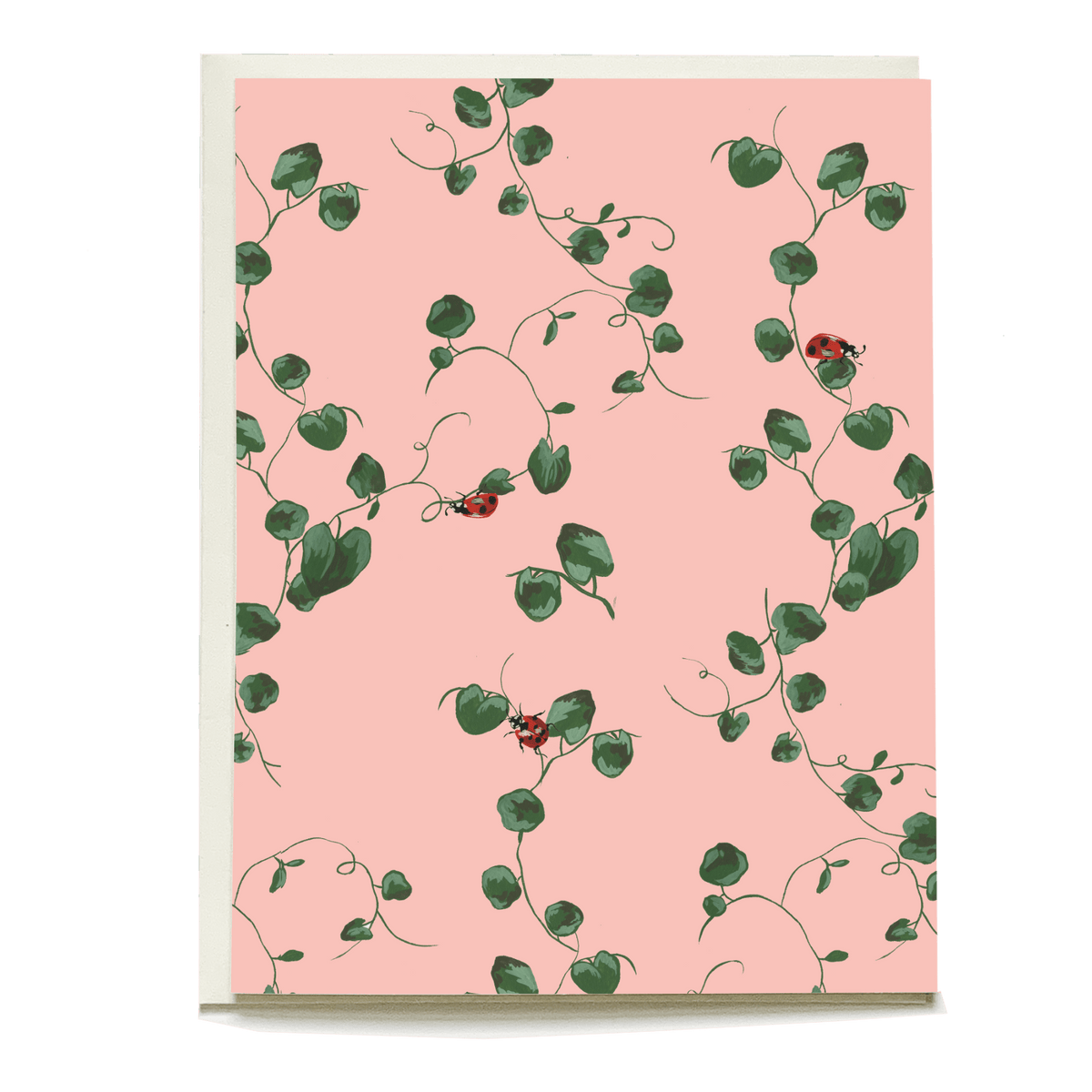 Ladybugs blank card featuring a pink background with green leaves and ladybug illustrations.
