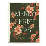 Larkspur Christmas card featuring "Merry Christmas" text with floral design on a dark green background.