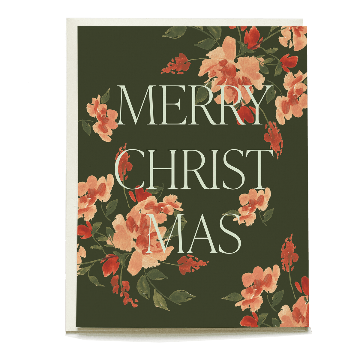 Larkspur Christmas card featuring "Merry Christmas" text with floral design on a dark green background.