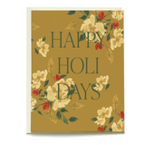 Larkspur holiday card featuring "Happy Holidays" text with floral design on a gold background.