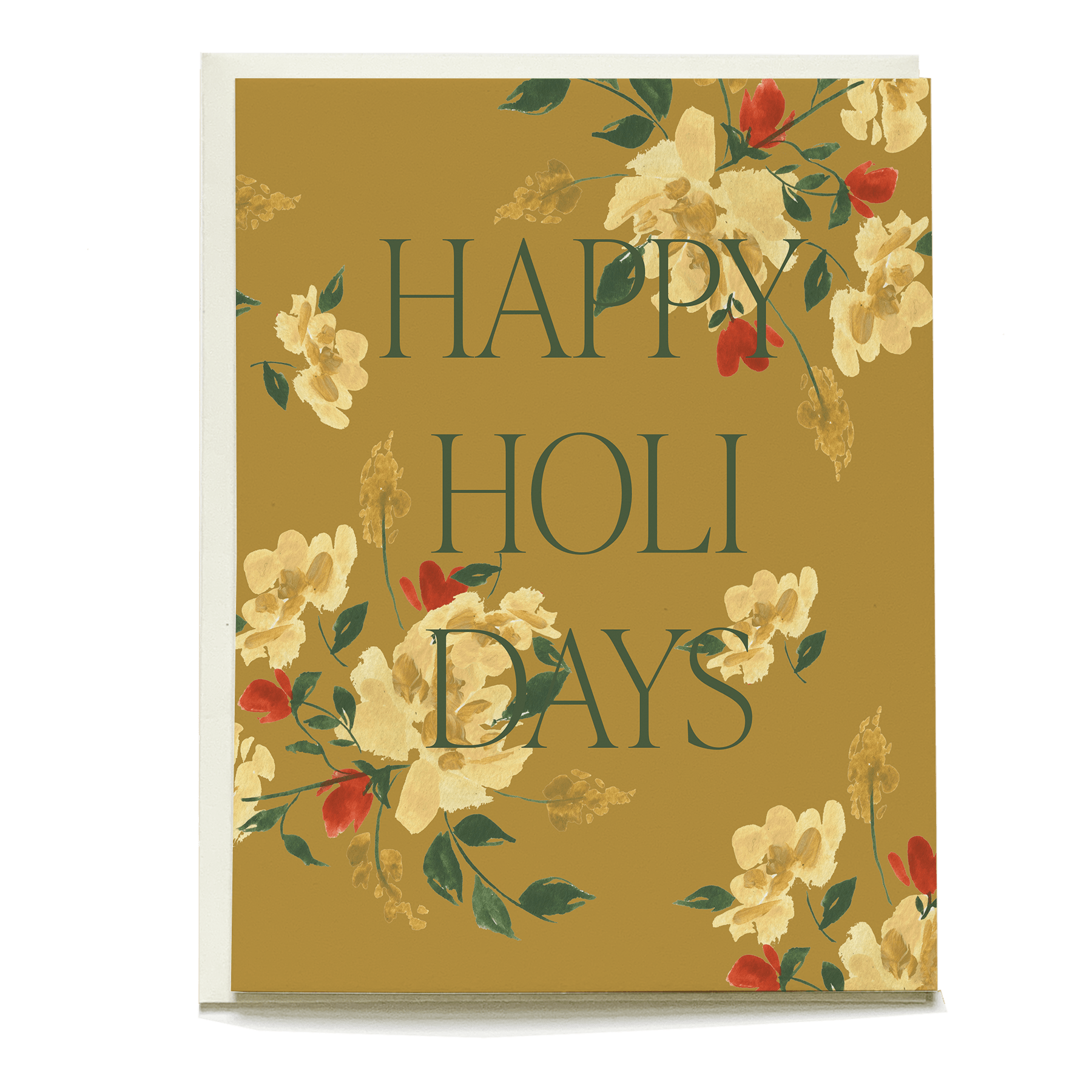 Larkspur holiday card featuring "Happy Holidays" text with floral design on a gold background.